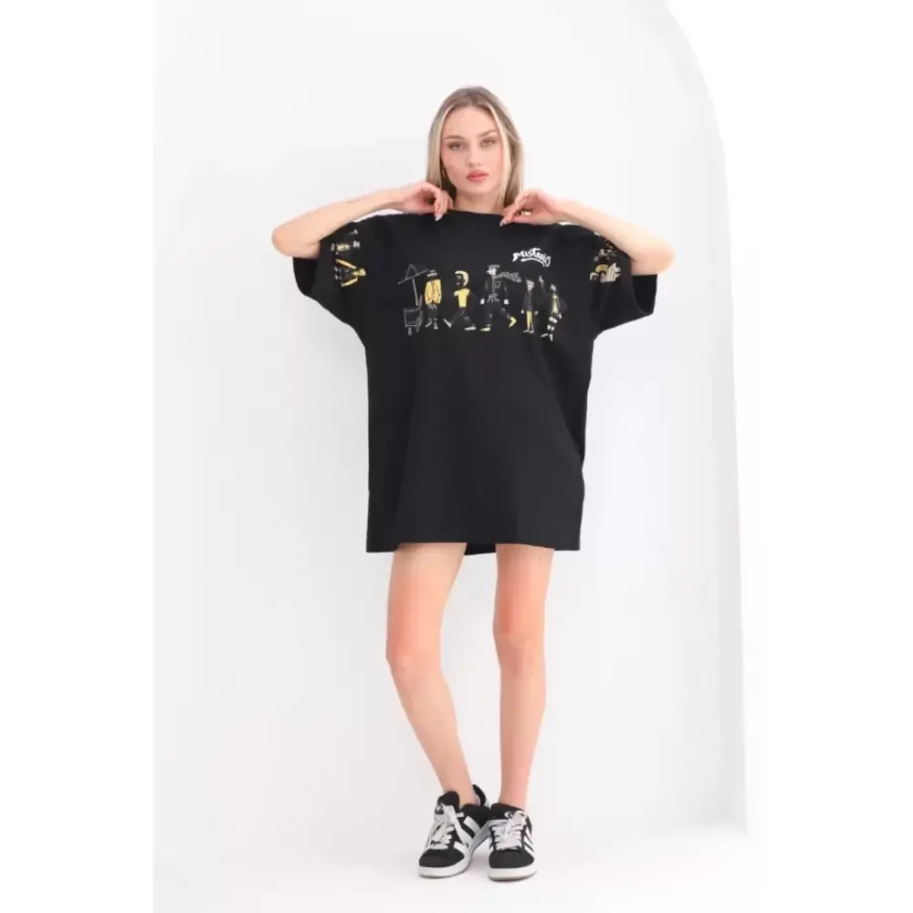 Lucky Life Unisex Bisiklet Yaka Baskılı Oversize T-Shirt - Siyah