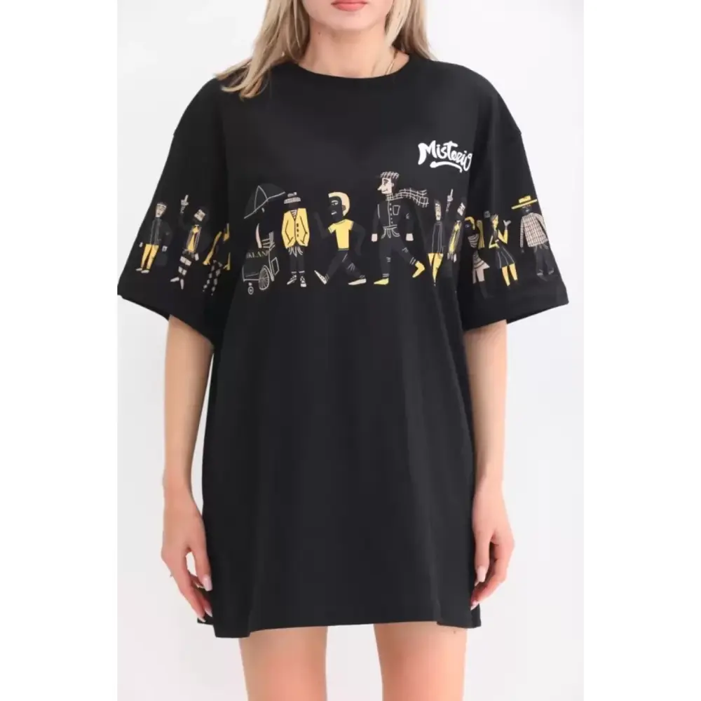 Lucky Life Unisex Bisiklet Yaka Baskılı Oversize T-Shirt - Siyah