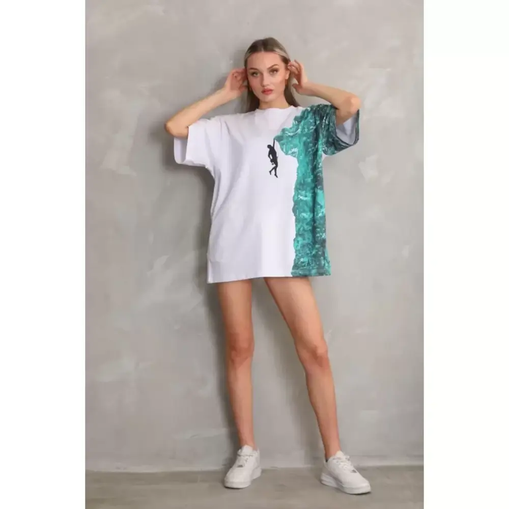 Lucky Life Unisex Bisiklet Yaka Baskılı Oversize T-Shirt - Beyaz