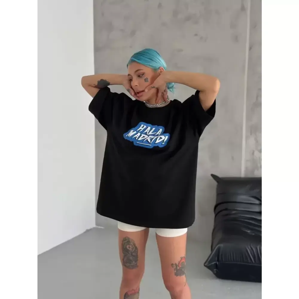 Lucky Life Unisex Bisiklet Yaka Baskılı Oversize T-Shirt - Siyah