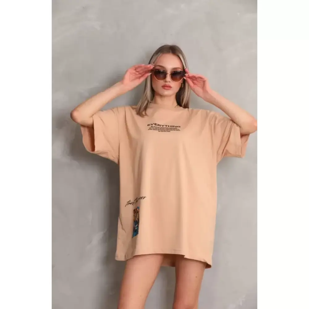 Lucky Life Unisex Bisiklet Yaka Baskılı Oversize T-Shirt - Bej