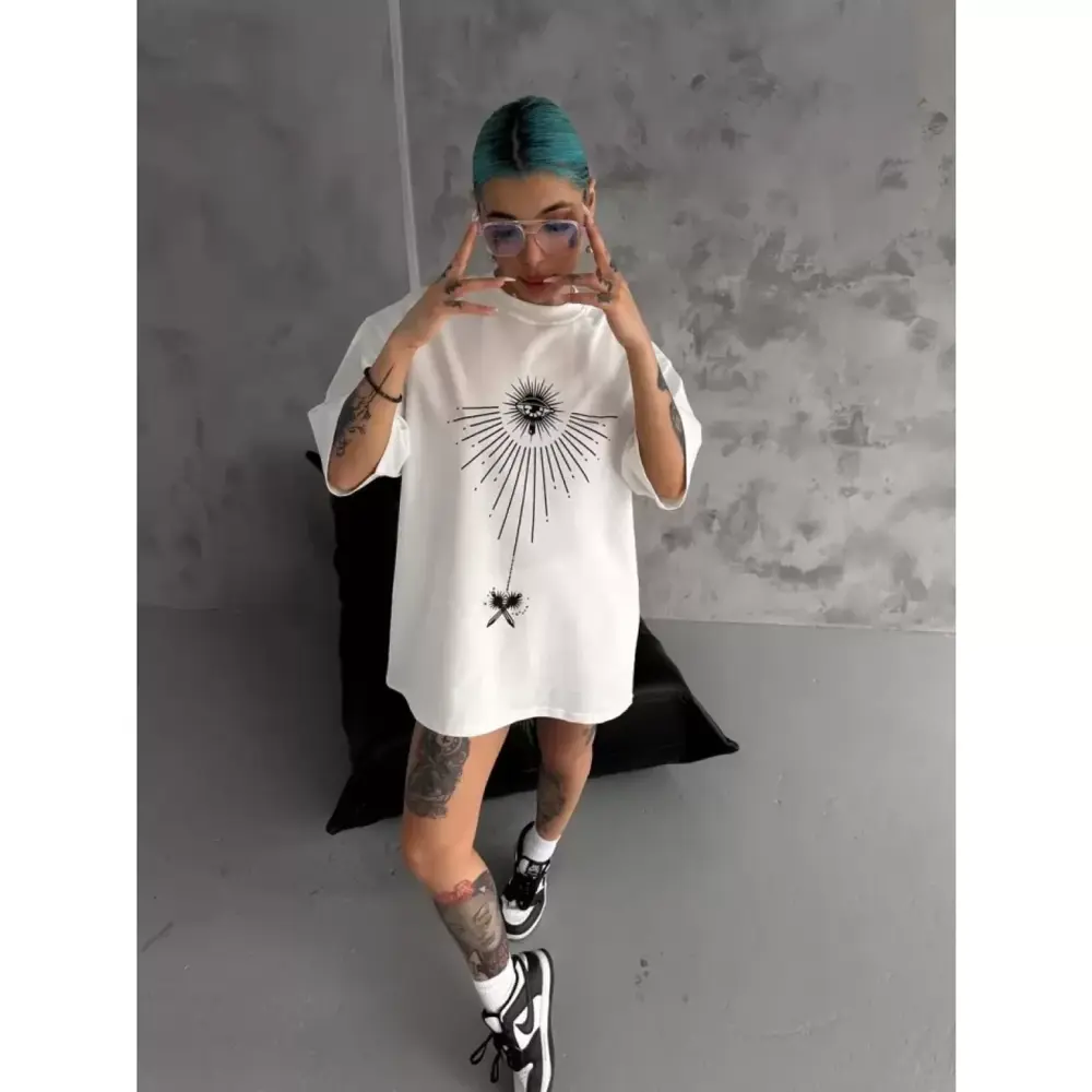 Lucky Life Unisex Bisiklet Yaka Baskılı Oversize T-Shirt - Beyaz