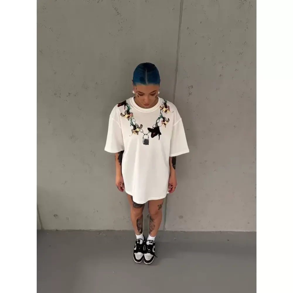 Lucky Life Unisex Bisiklet Yaka Baskılı Oversize T-Shirt - Beyaz