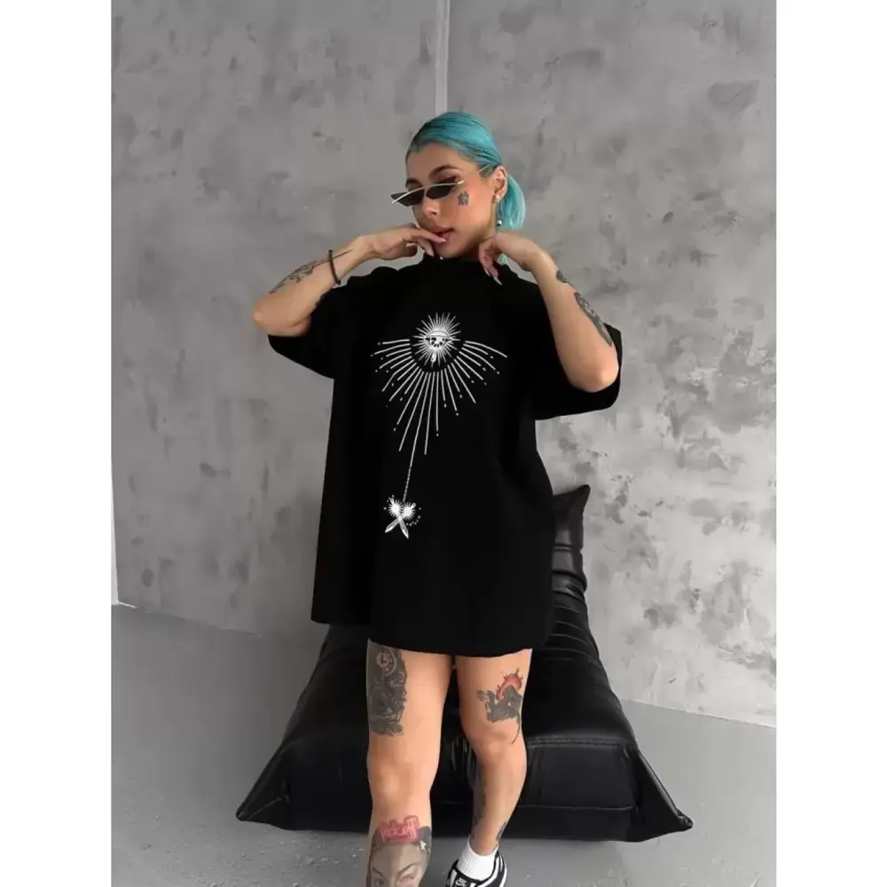 Lucky Life Unisex Bisiklet Yaka Baskılı Oversize T-Shirt - Siyah