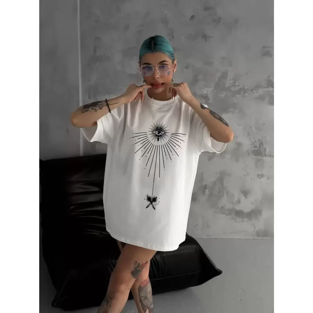 Lucky Life Unisex Bisiklet Yaka Baskılı Oversize T-Shirt - Beyaz