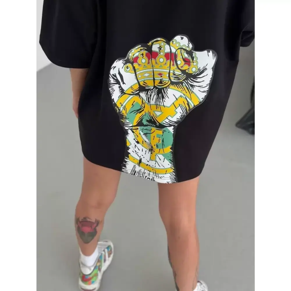 Lucky Life Unisex Bisiklet Yaka Baskılı Oversize T-Shirt - Siyah