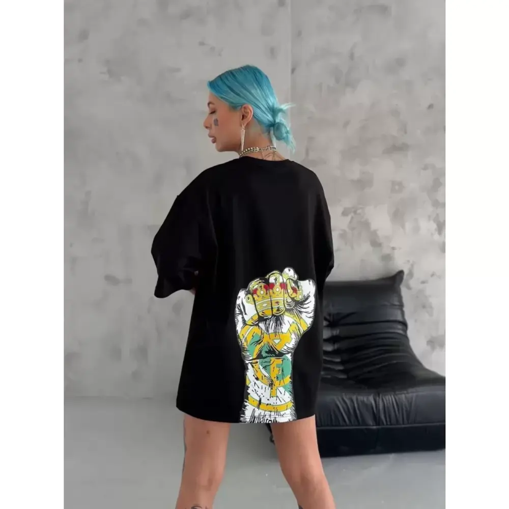 Lucky Life Unisex Bisiklet Yaka Baskılı Oversize T-Shirt - Siyah