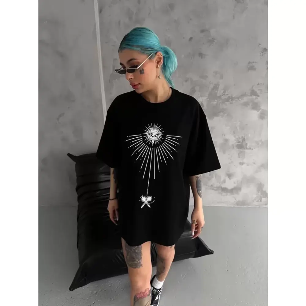 Lucky Life Unisex Bisiklet Yaka Baskılı Oversize T-Shirt - Siyah