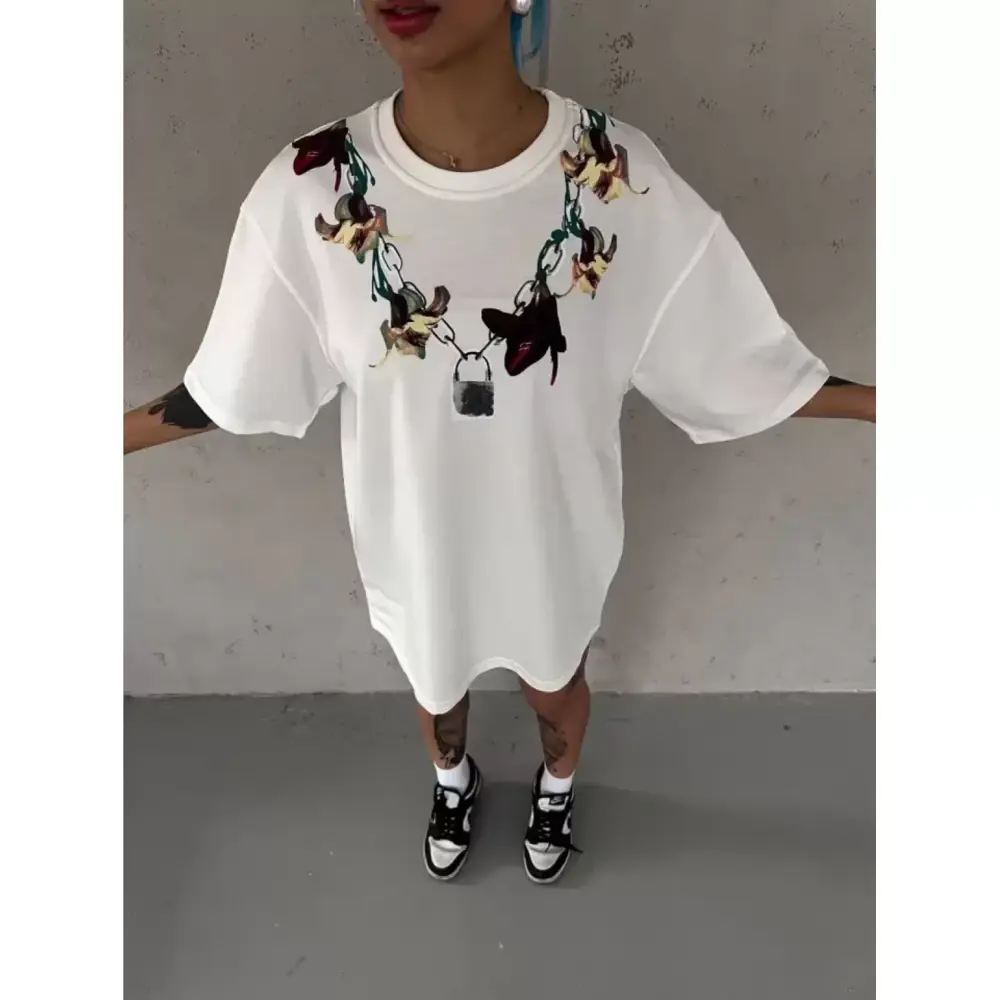 Lucky Life Unisex Bisiklet Yaka Baskılı Oversize T-Shirt - Beyaz