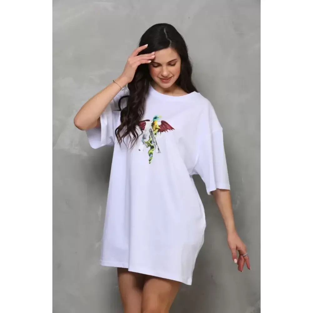 Lucky Life Unisex  Bisiklet Yaka Baskılı Oversize T-Shirt - Beyaz