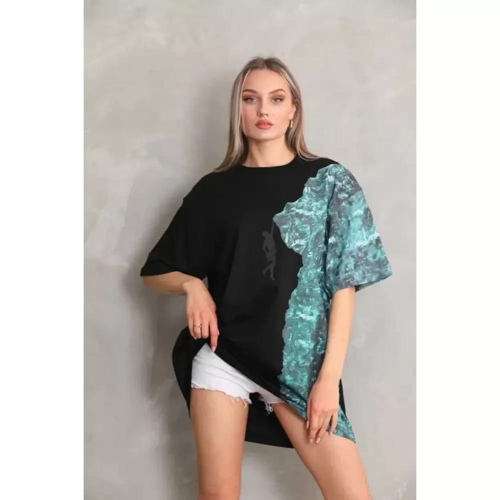 Lucky Life Unisex Bisiklet Yaka Baskılı Oversize T-Shirt - Siyah
