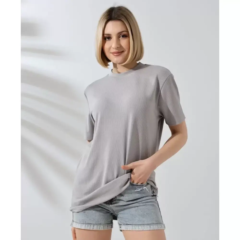 Lucky Life Unisex Bisiklet Yaka Slim Fit T-Shirt - Boyalı Gri