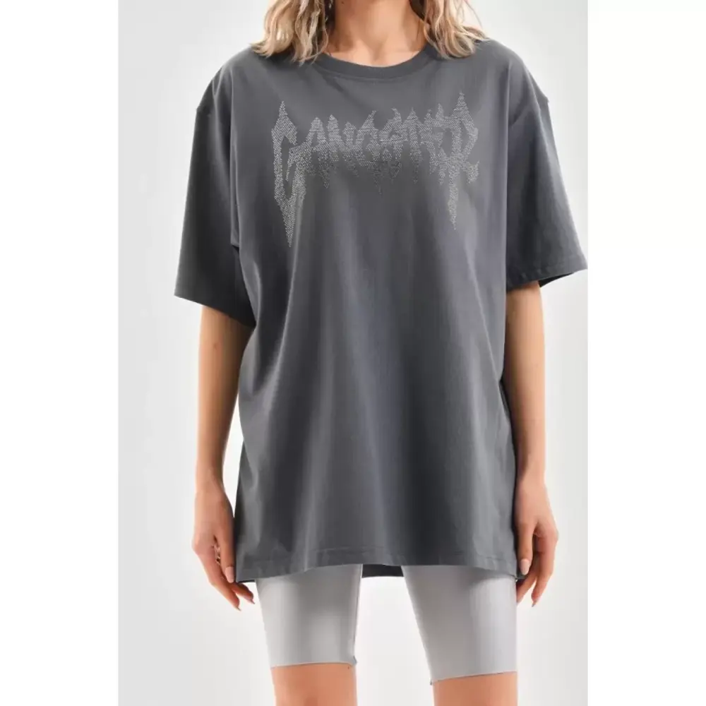 Lucky Life Unisex Taş Desenli Oversize T-Shirt - Füme