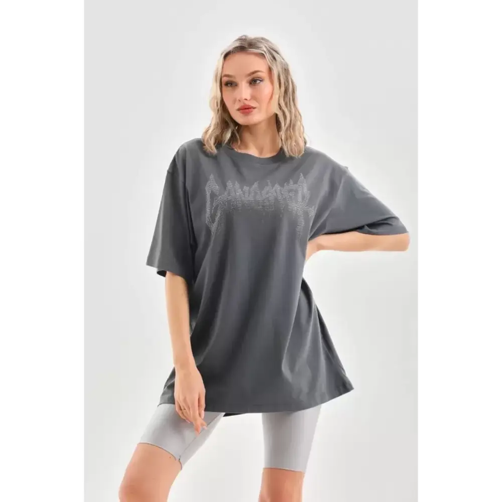Lucky Life Unisex Taş Desenli Oversize T-Shirt - Füme