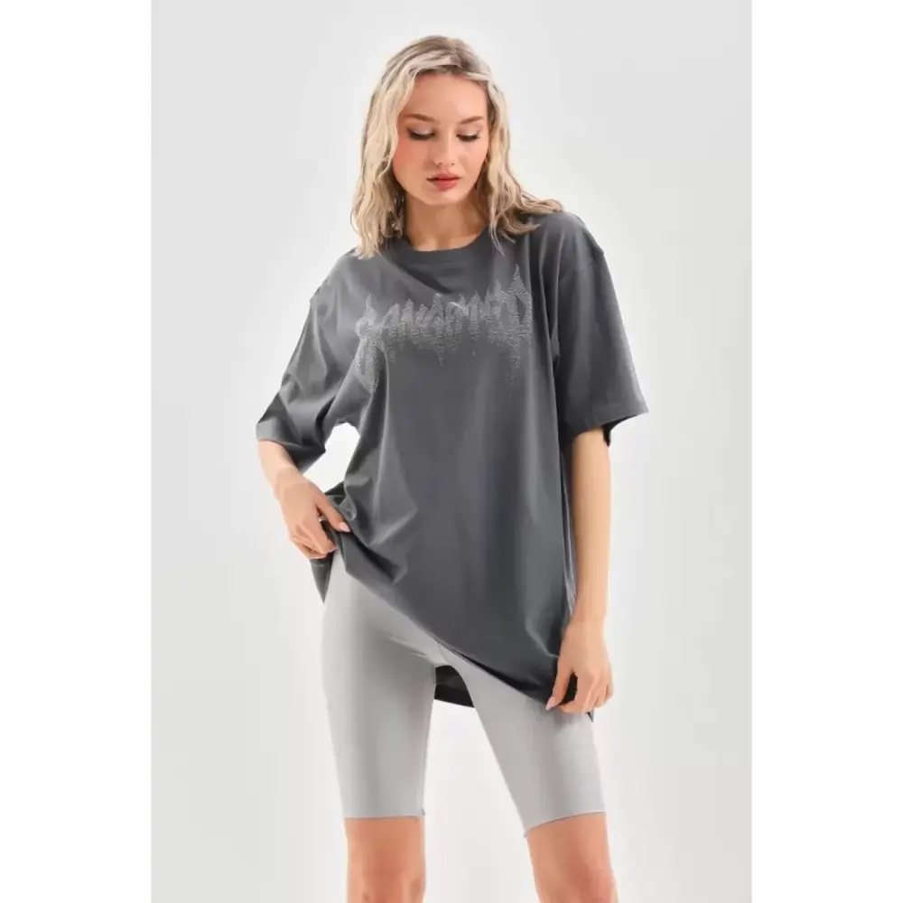 Lucky Life Unisex Taş Desenli Oversize T-Shirt - Füme