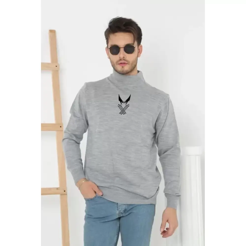 Lucky Life Unisex Yarım Boğazlı Baskılı Dokuma Triko - Gri