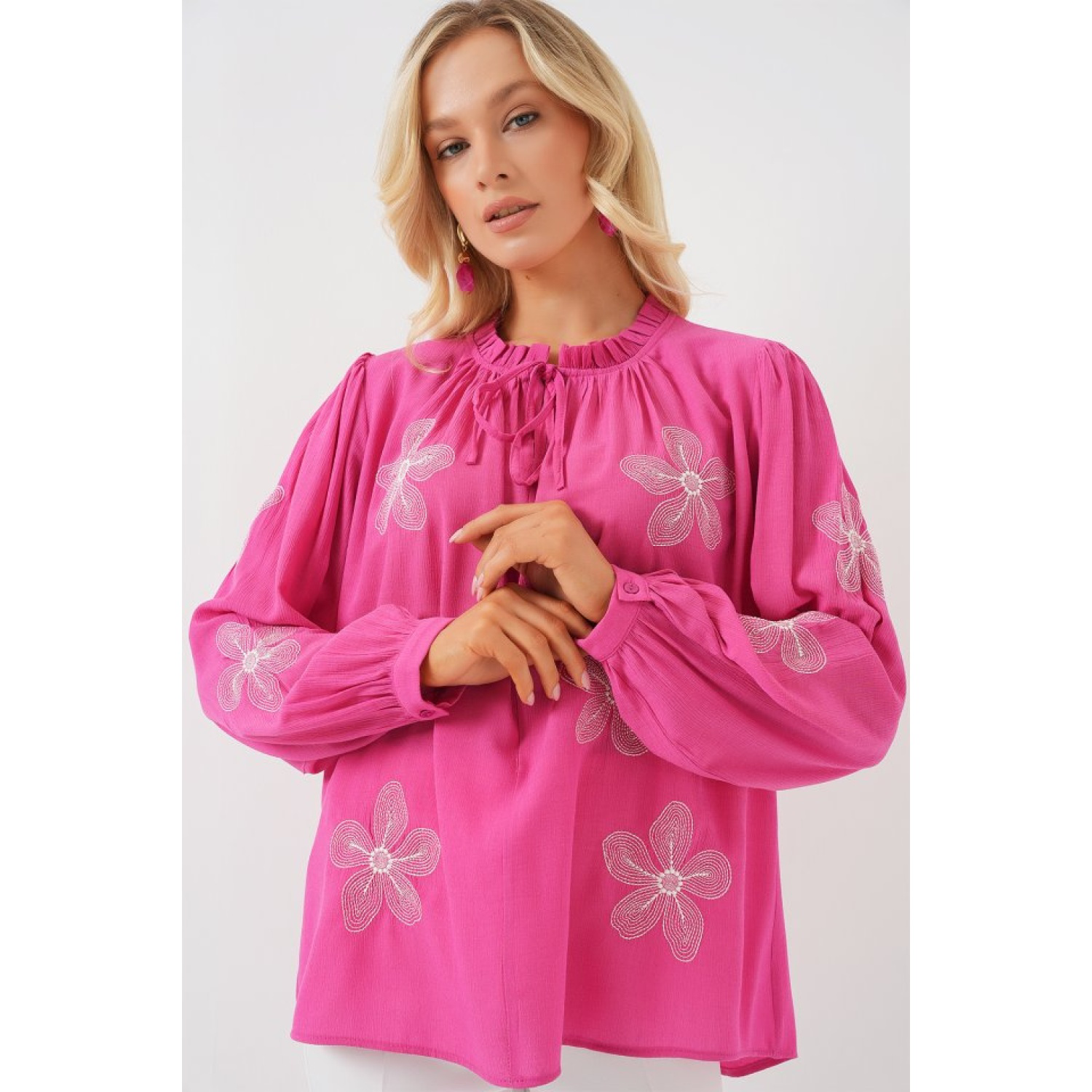 Lucky Life Uzun Kol Nakışlı Örme Bluz - Pembe