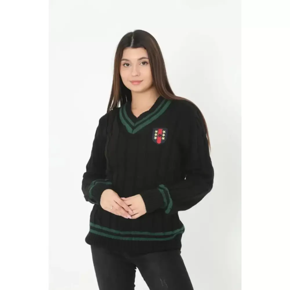 Lucky Life V Yaka Örgülü Kazak - Siyah