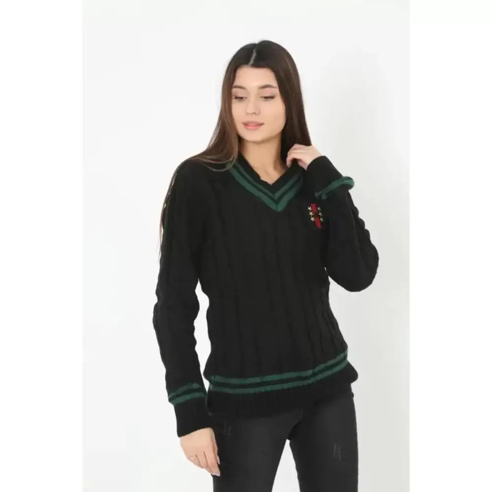 Lucky Life V Yaka Örgülü Kazak - Siyah