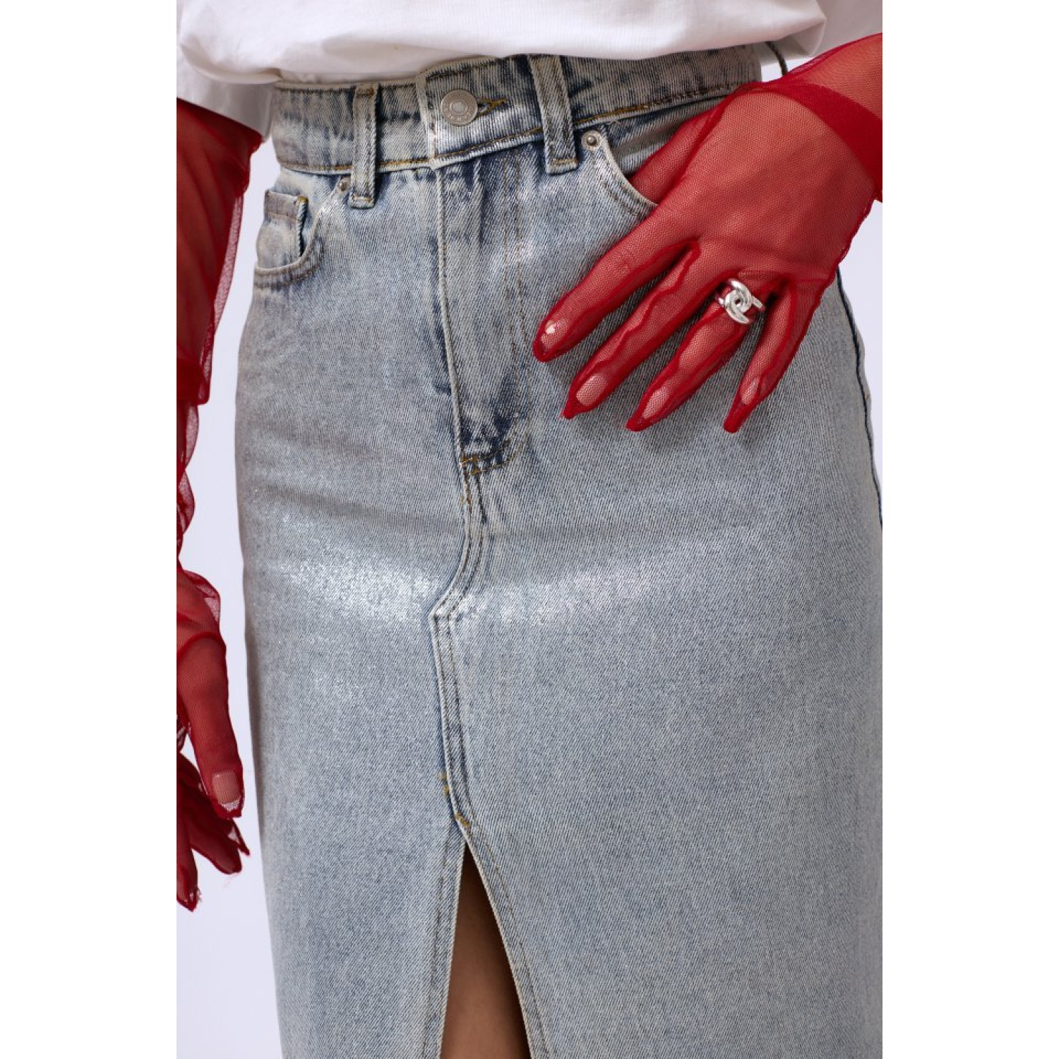 Lucky Life Varak Baskılı Yırtmaçlı Maxi Denim Etek