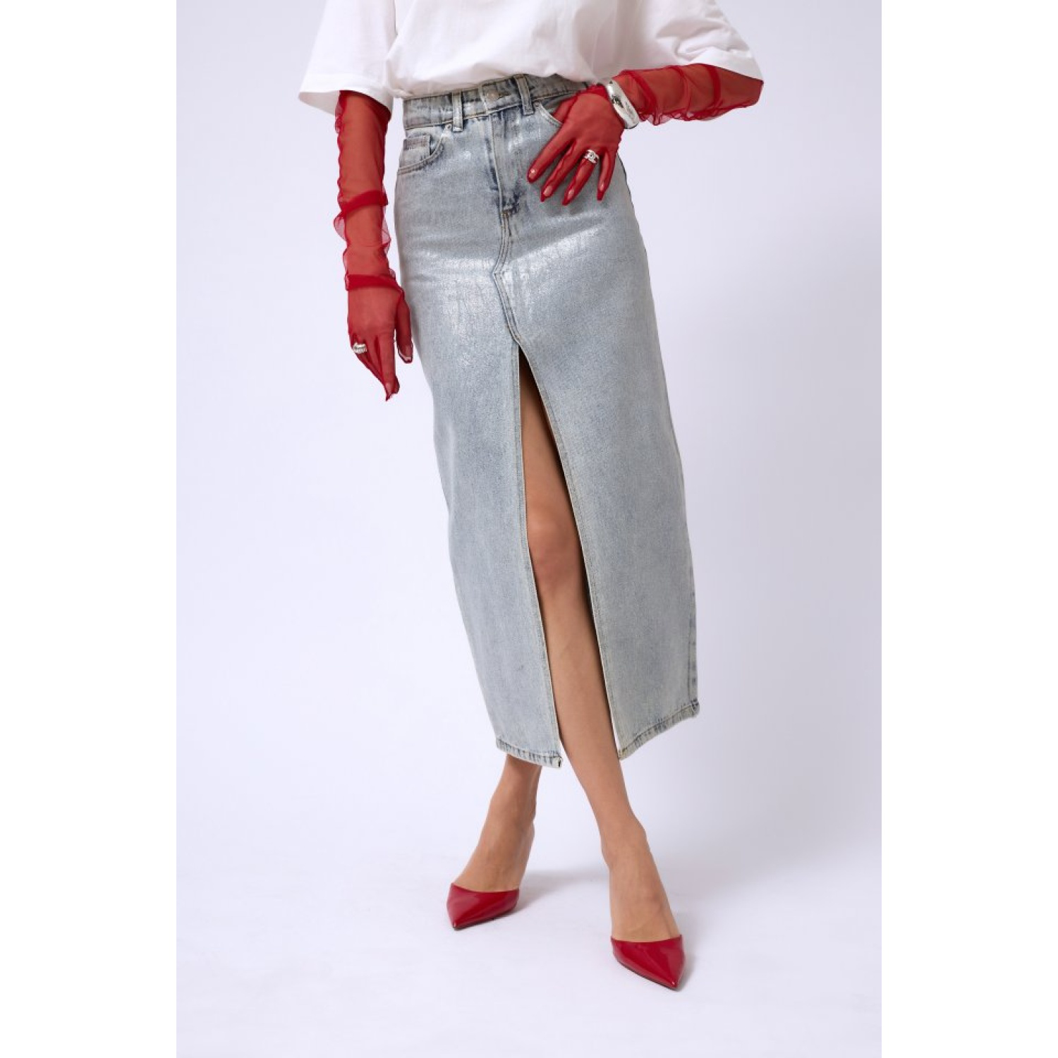 Lucky Life Varak Baskılı Yırtmaçlı Maxi Denim Etek