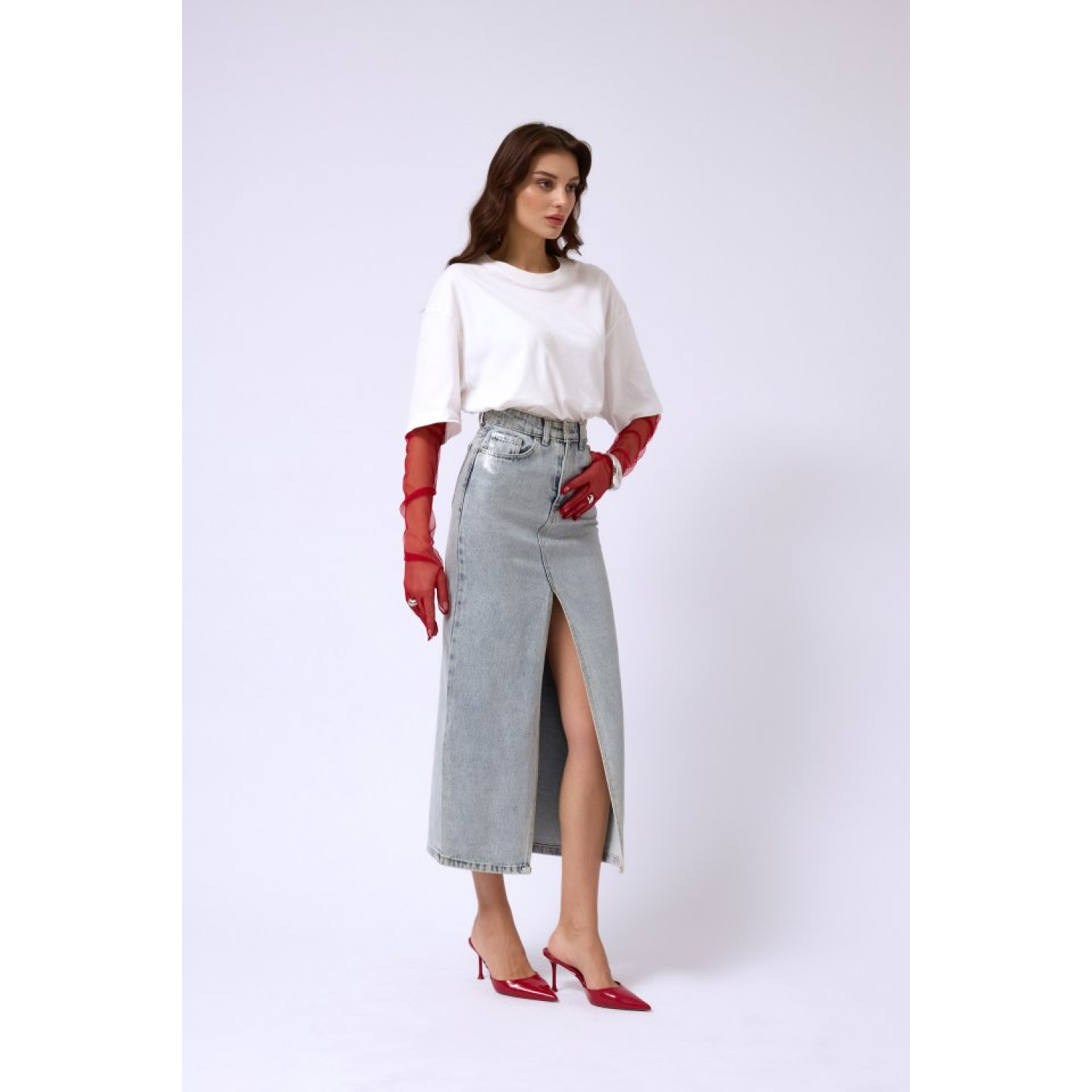 Lucky Life Varak Baskılı Yırtmaçlı Maxi Denim Etek