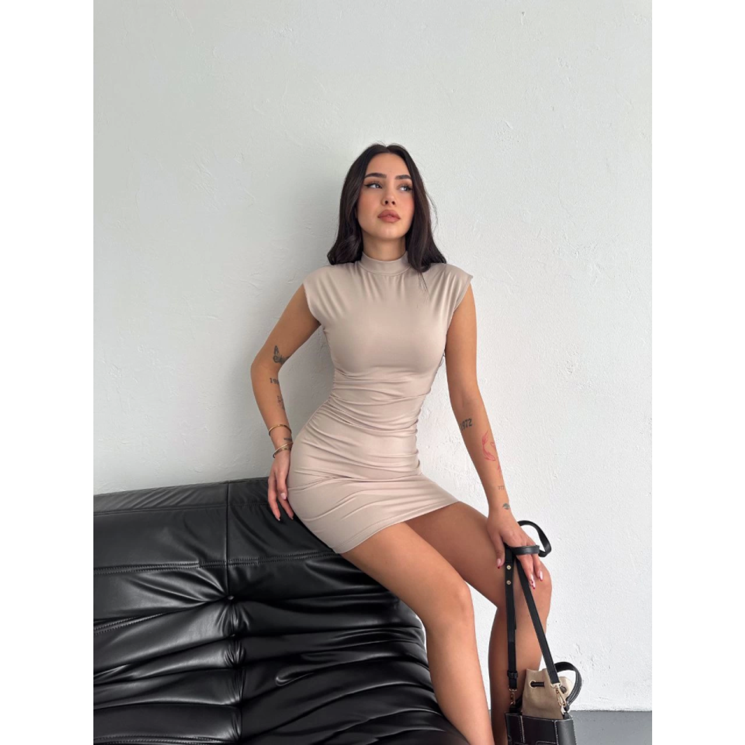 Lucky Life Yarım Bogazlı Kolsuz Mini Boy Elbise - Bej