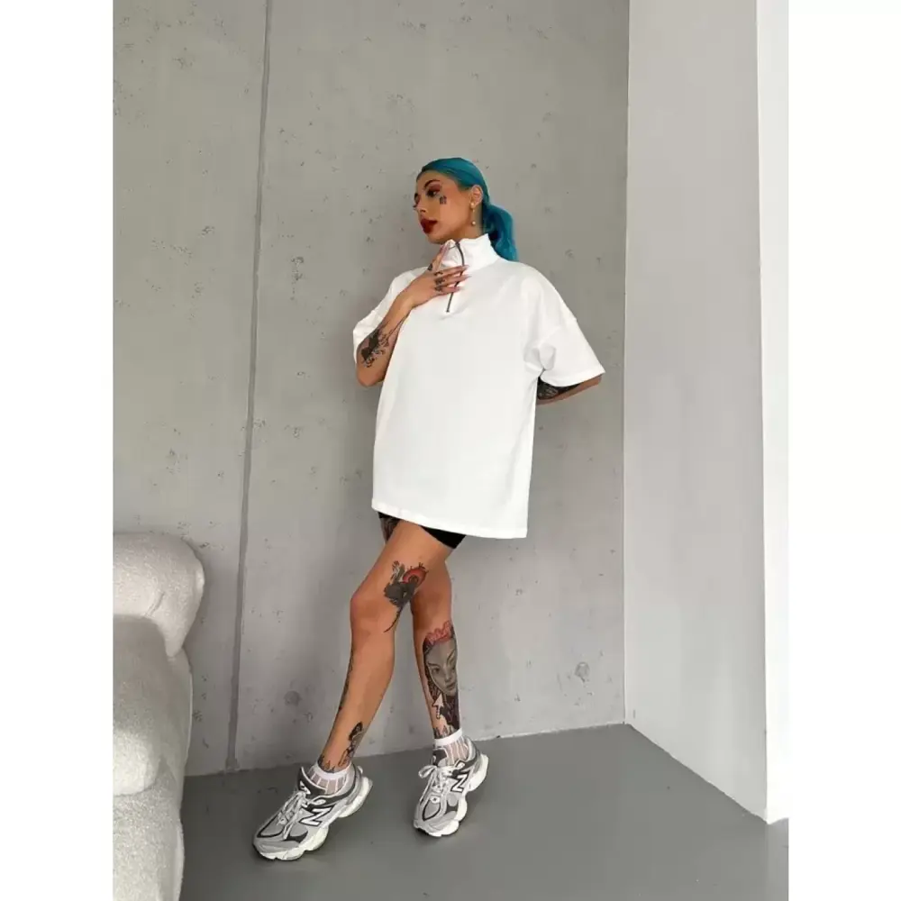 LuckyLife Unisex Yarım Fermuarlı Basic T-Shirt - Beyaz