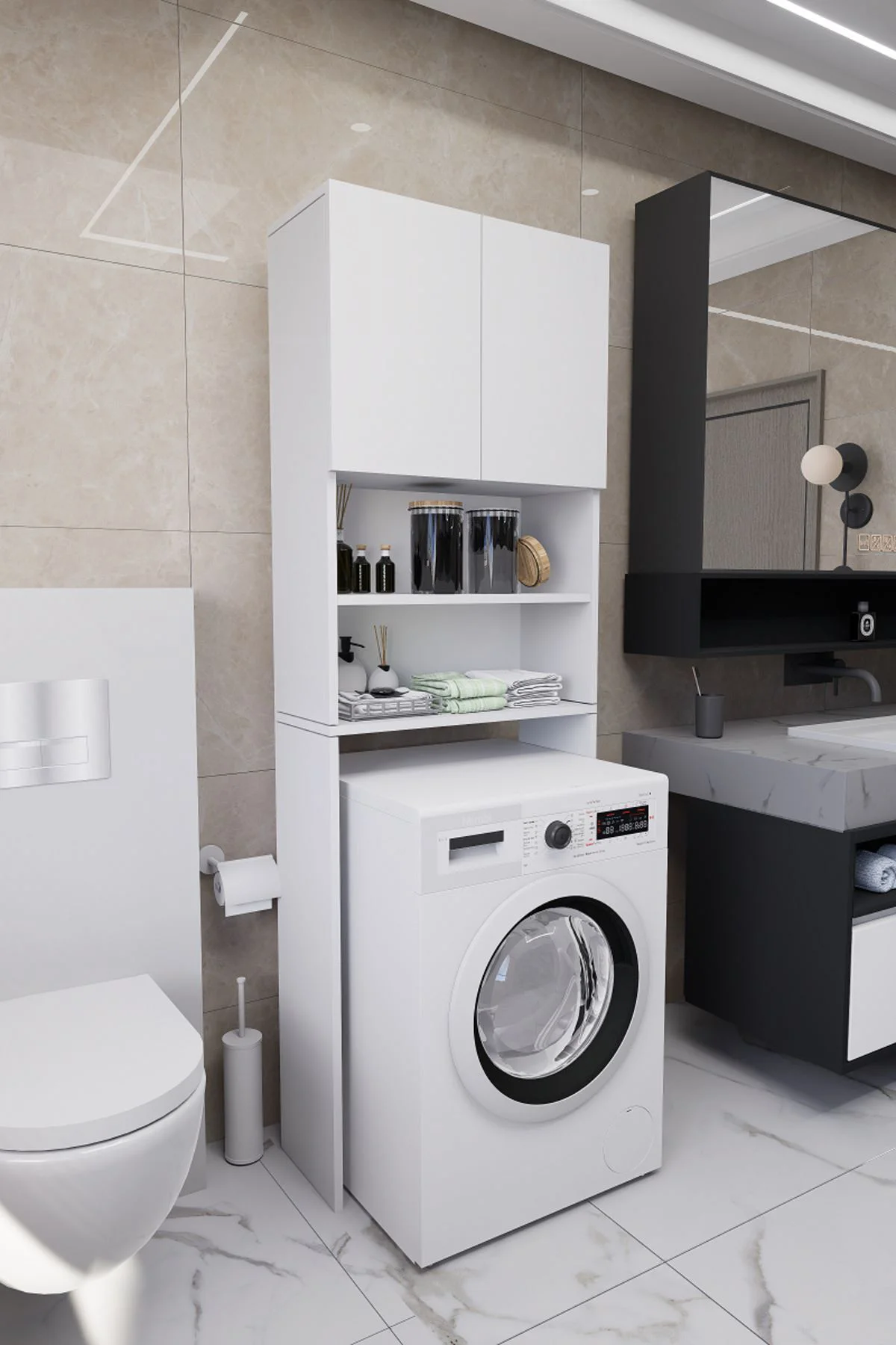 Luka Çamaşır Makinesi Üstü Çok Amaçlı Banyo Dolabı Kapaklı ve Raf
