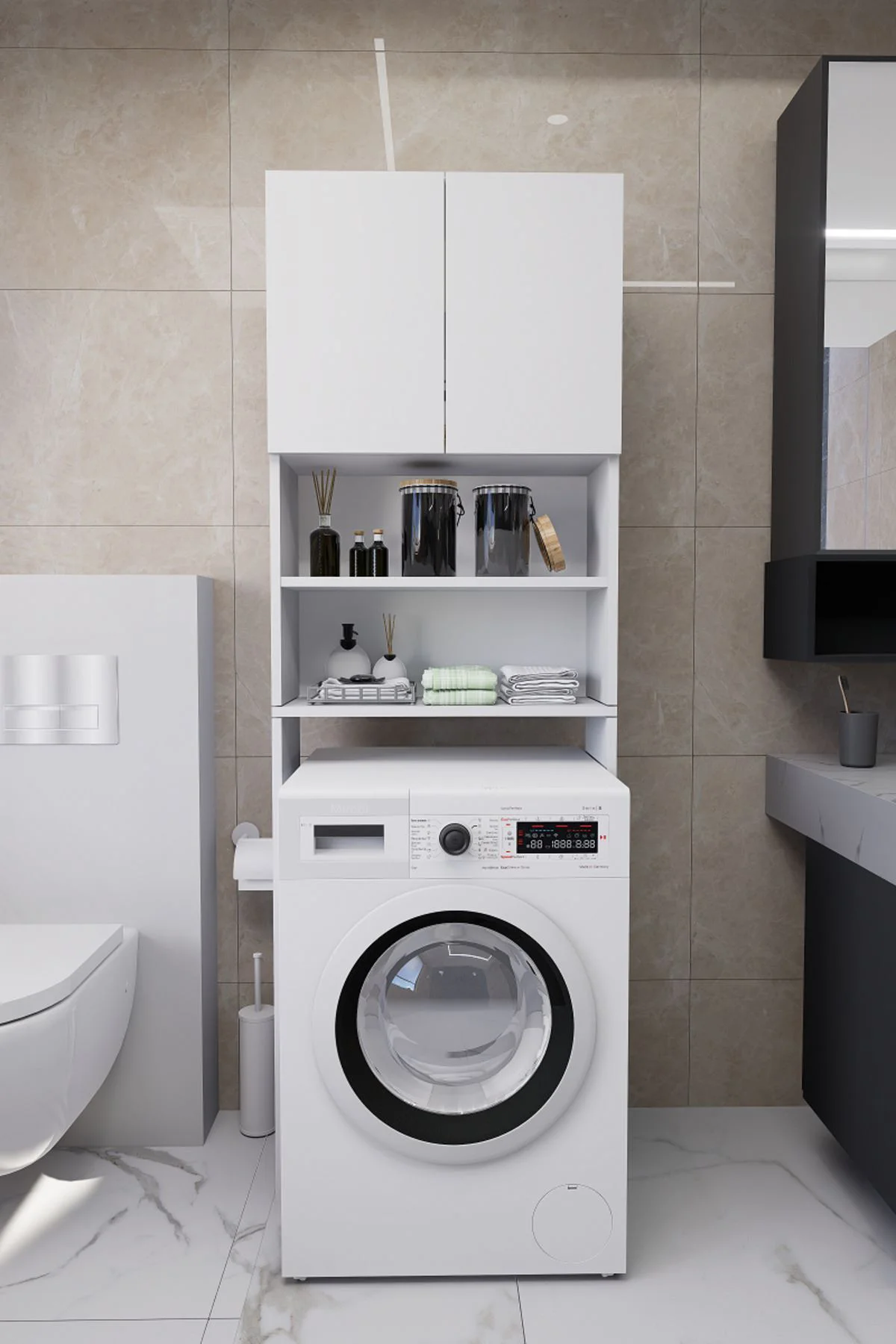 Luka Çamaşır Makinesi Üstü Çok Amaçlı Banyo Dolabı Kapaklı ve Raf
