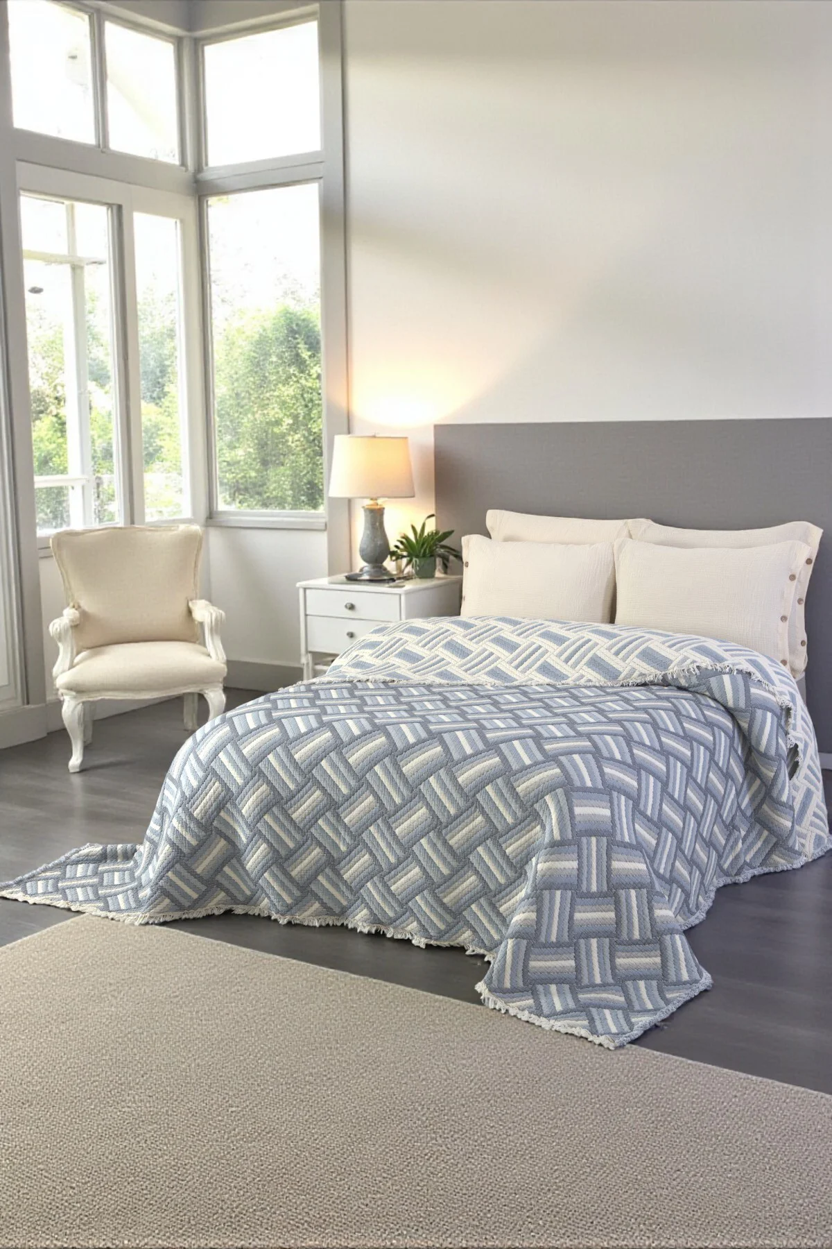 Lüks 4 Katlı Multi Muslin %100 Pamuk Çift Kişillik Yatak Örtüsü 230x250 Cm Battal Boy 2 Yastıklı