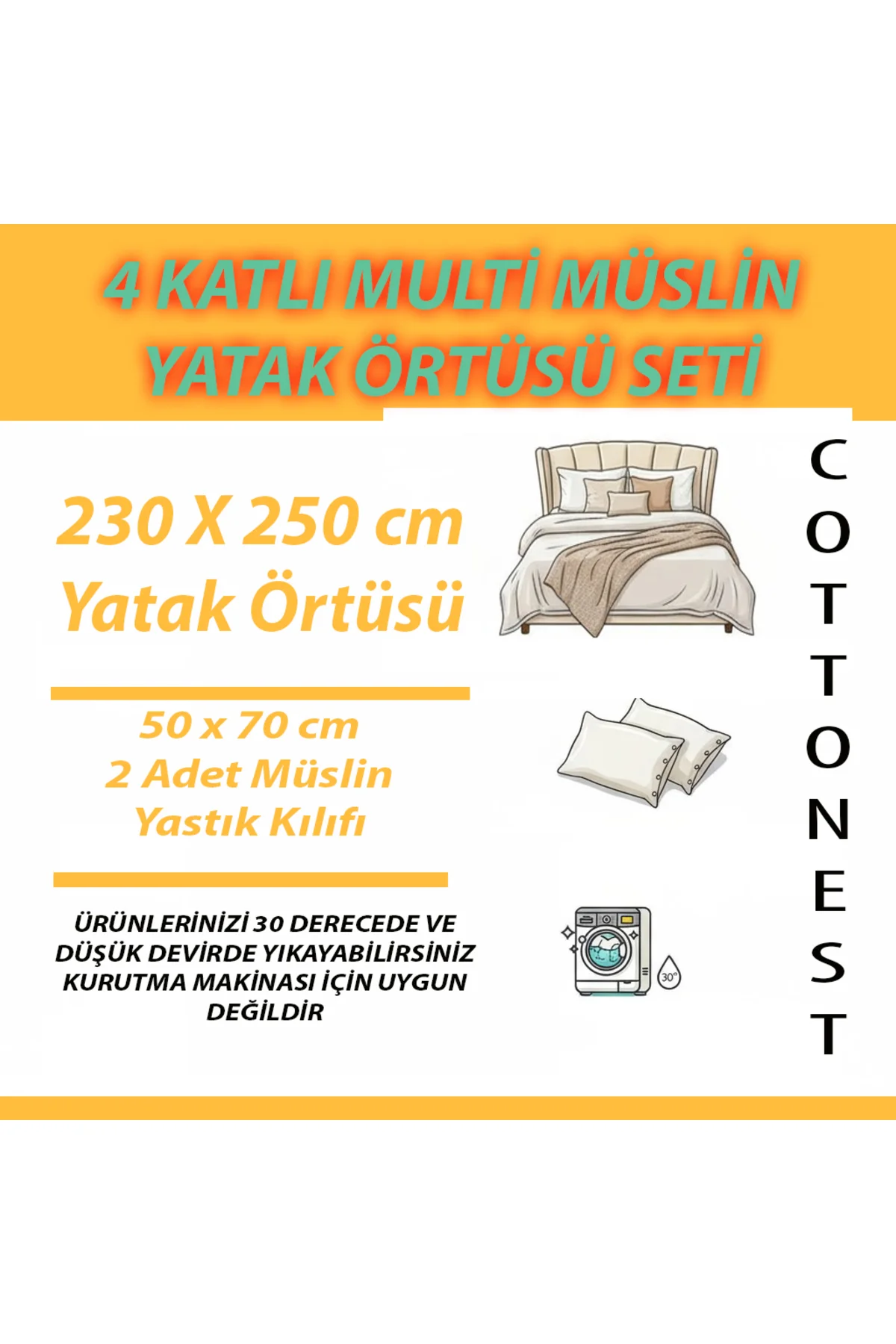 Lüks 4 Katlı Multi Muslin %100 Pamuk Çift Kişillik Yatak Örtüsü 230x250 Cm Battal Boy 2 Yastıklı