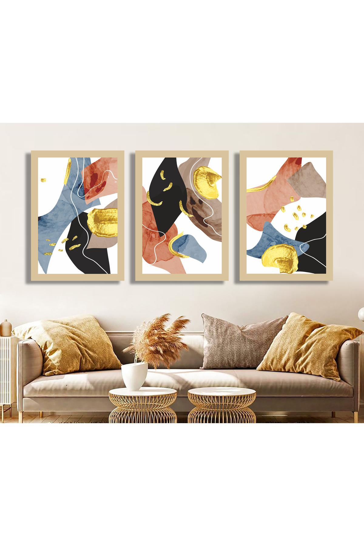 Korkmazkanvas Lüks Altın Soyut Duvar Sanatı. 3'Lü Kanvas Tablo