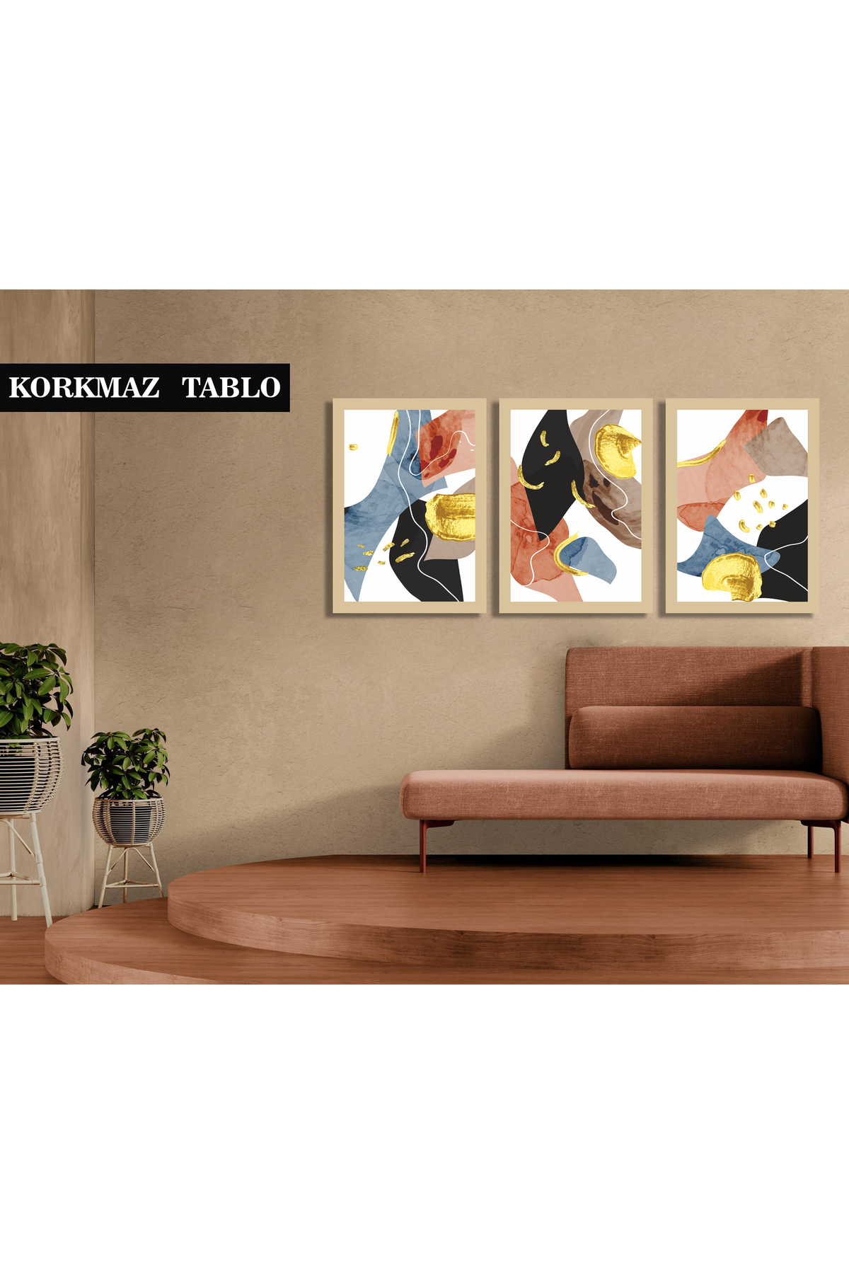 Korkmazkanvas Lüks Altın Soyut Duvar Sanatı. 3'Lü Kanvas Tablo