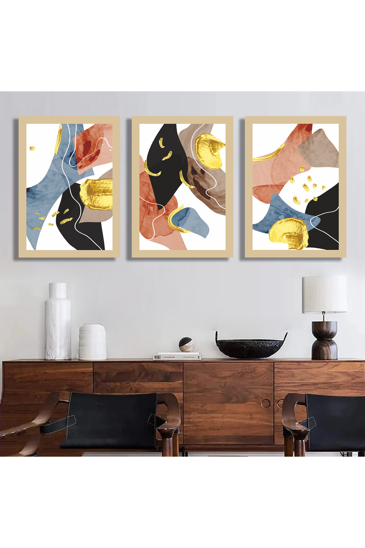 Korkmazkanvas Lüks Altın Soyut Duvar Sanatı. 3'Lü Kanvas Tablo