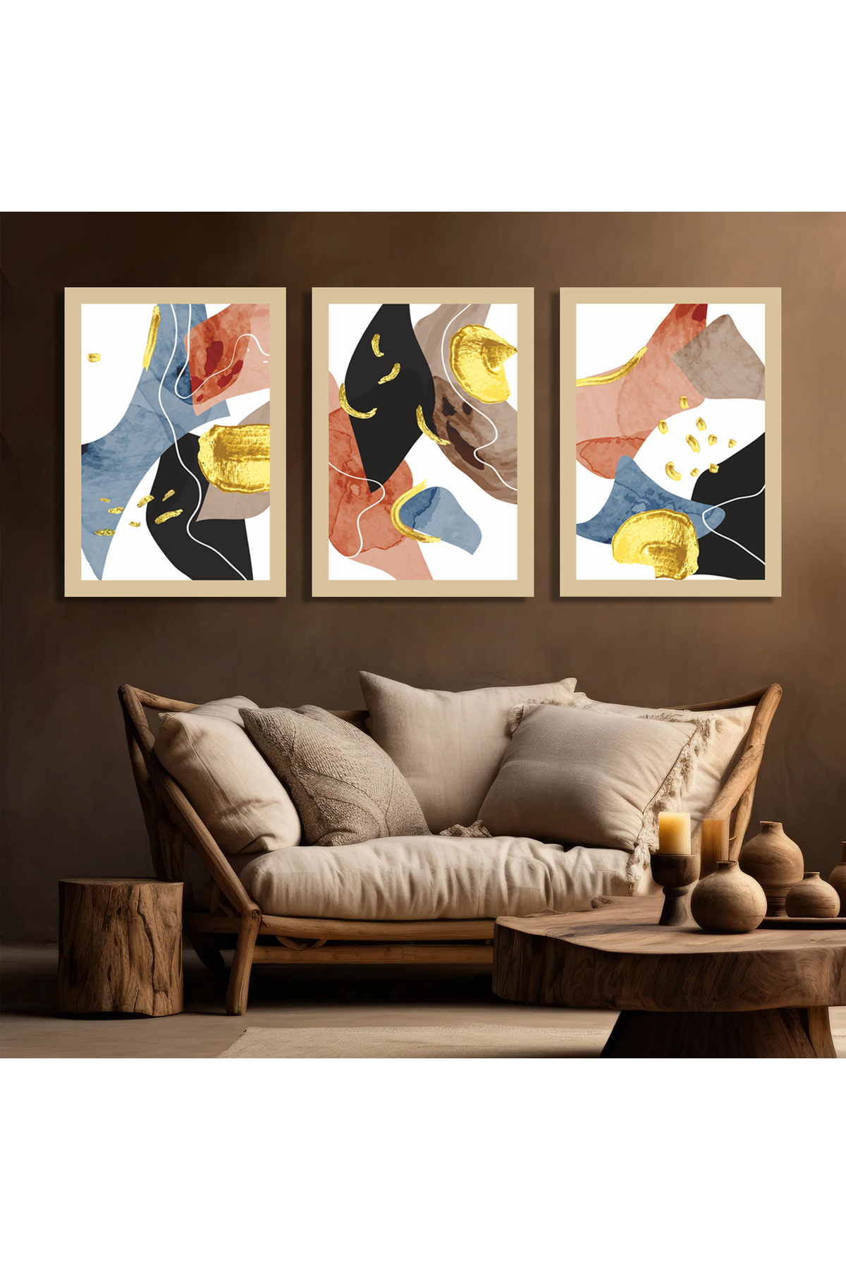 Korkmazkanvas Lüks Altın Soyut Duvar Sanatı. 3'Lü Kanvas Tablo