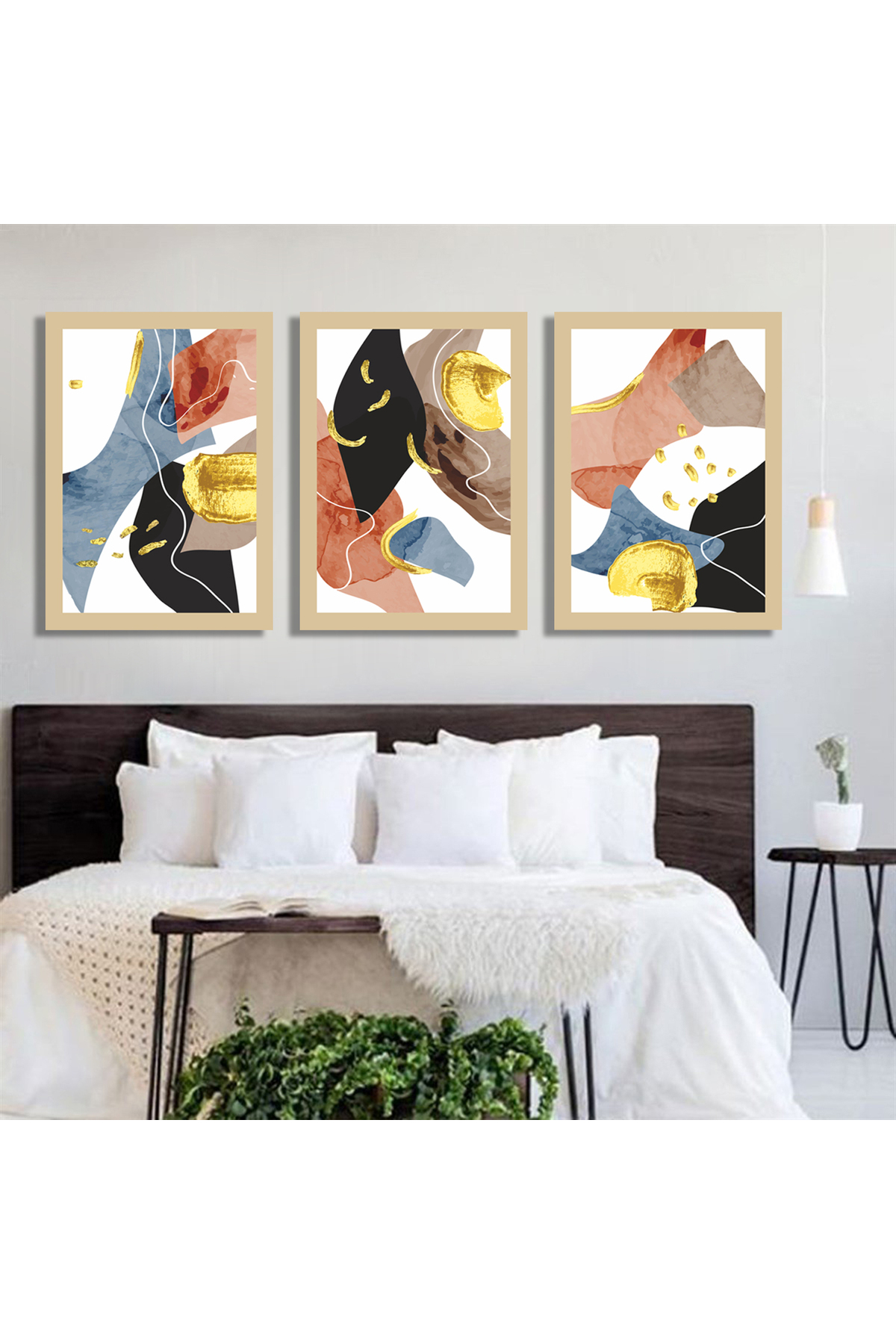Korkmazkanvas Lüks Altın Soyut Duvar Sanatı. 3'Lü Kanvas Tablo
