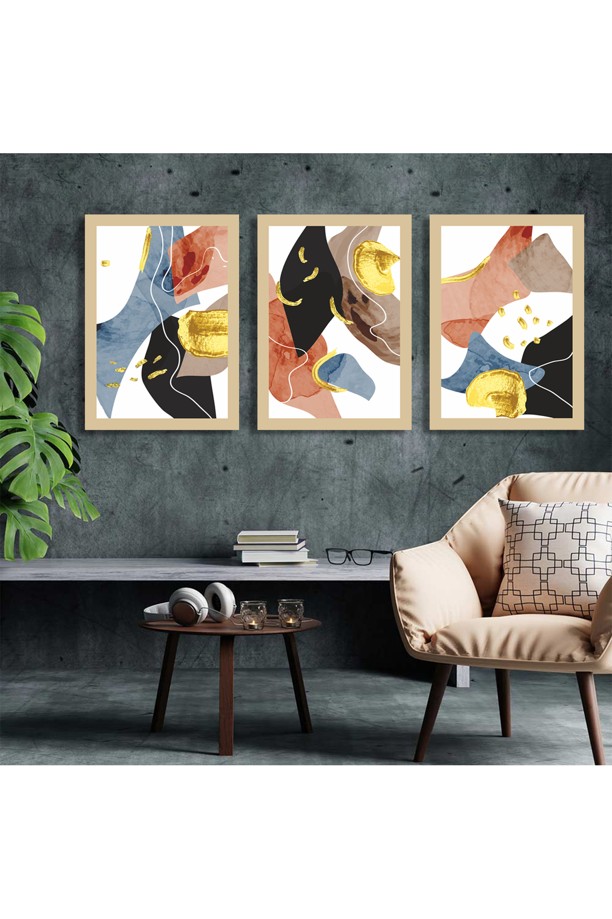 Korkmazkanvas Lüks Altın Soyut Duvar Sanatı. 3'Lü Kanvas Tablo