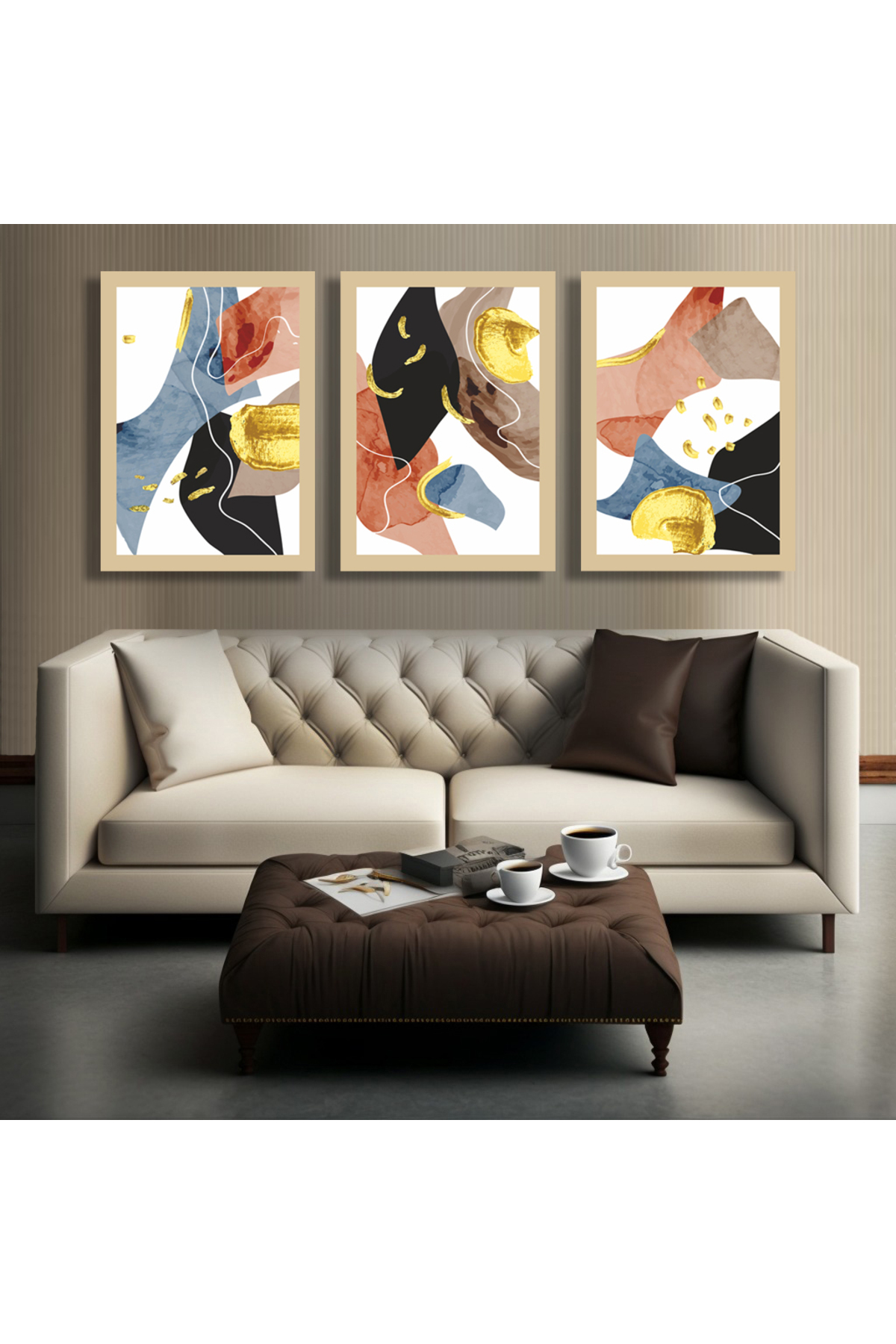 Korkmazkanvas Lüks Altın Soyut Duvar Sanatı. 3'Lü Kanvas Tablo