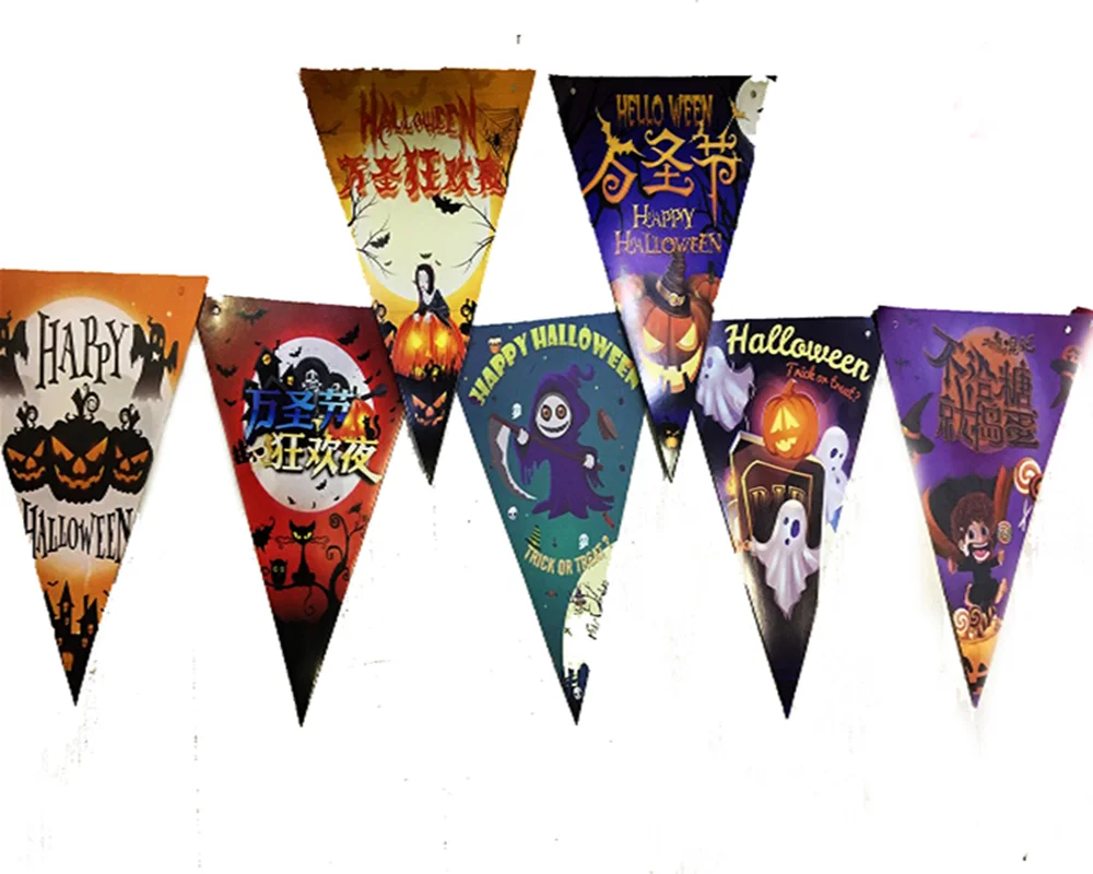 Lüks Baskılı Üçgen Model Halloween Banner Süs - 8'li Cadılar Bayramı Bayrak Seti