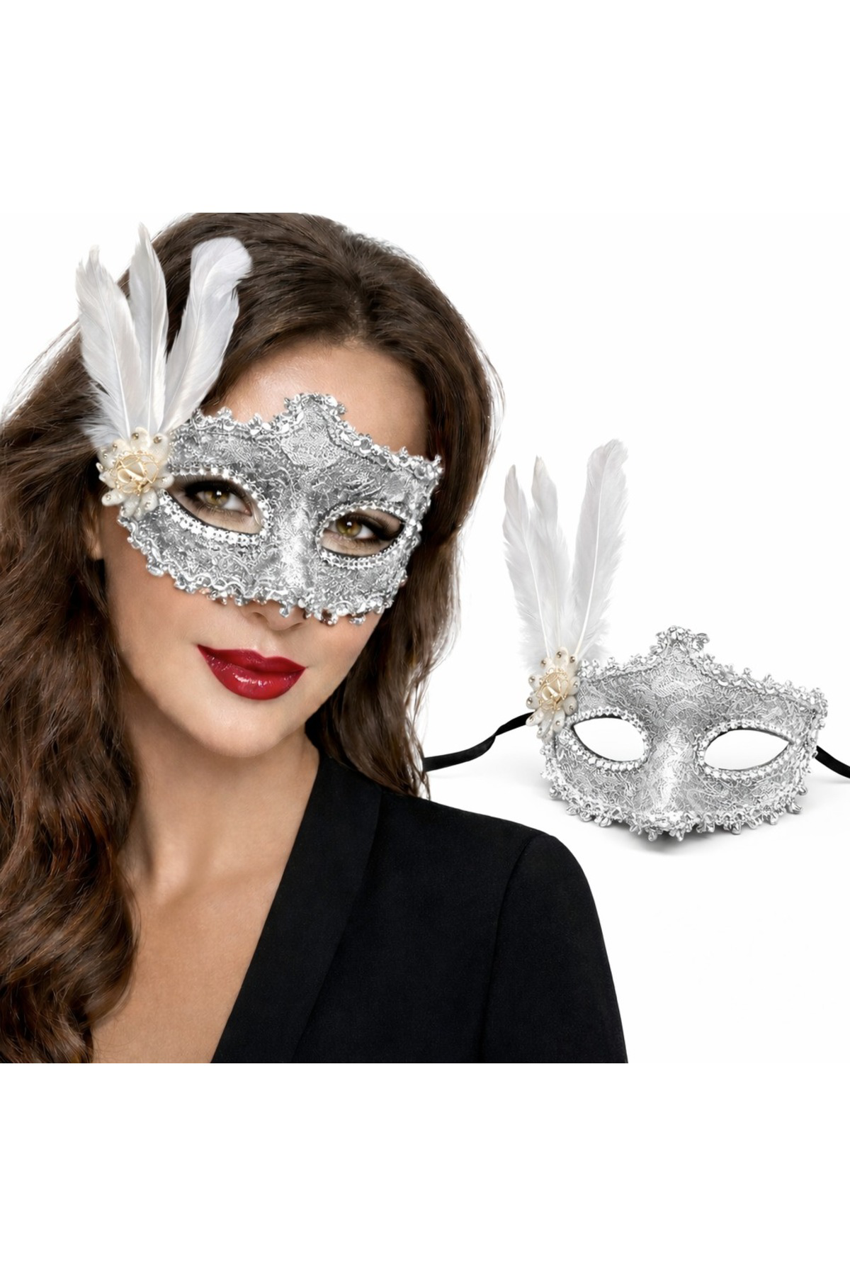 Lüks Beyaz Tüylü Venedik Maskesi – Taşlı Dantel Tasarım