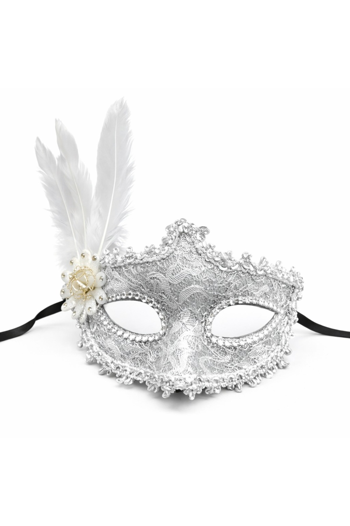 Lüks Beyaz Tüylü Venedik Maskesi – Taşlı Dantel Tasarım