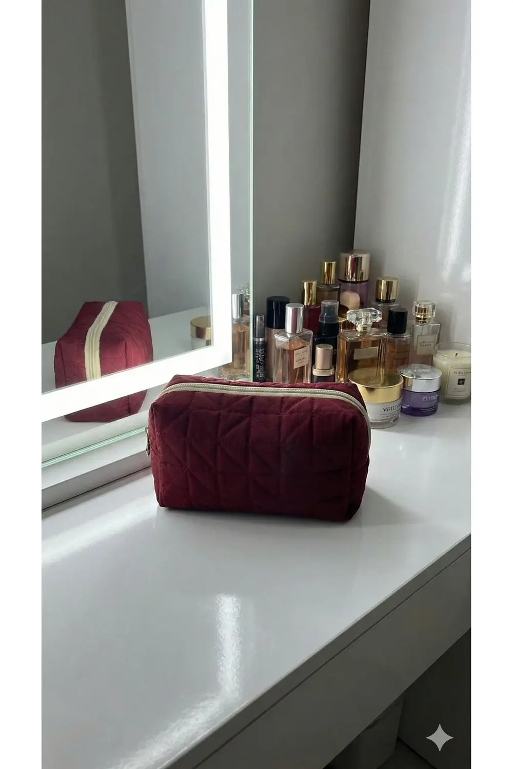 Lüks Bordo Kapitone Desenli Makyaj ve Kozmetik Çantası