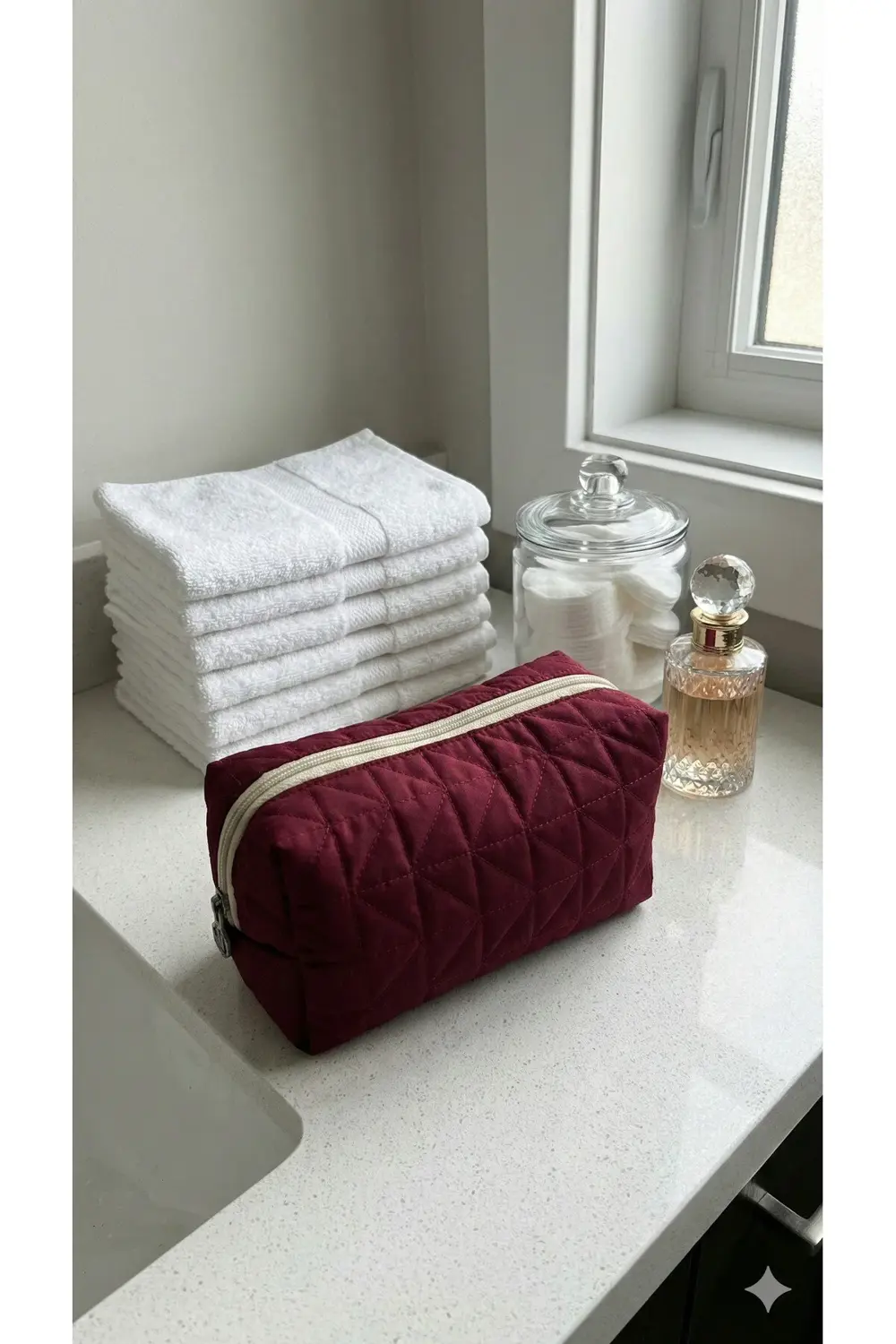 Lüks Bordo Kapitone Desenli Makyaj ve Kozmetik Çantası