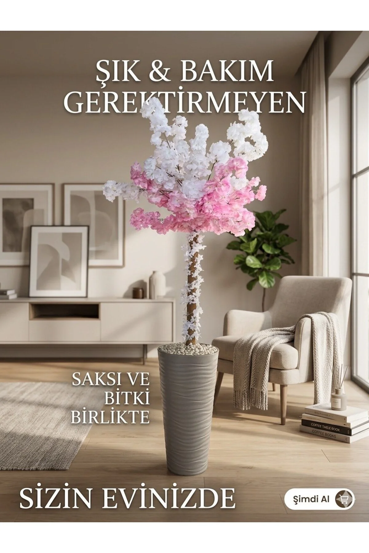 Lüks Dekoratif Yapay Bahar Dalı Ağacı - Sütlü Kahve Saksıda Dalga