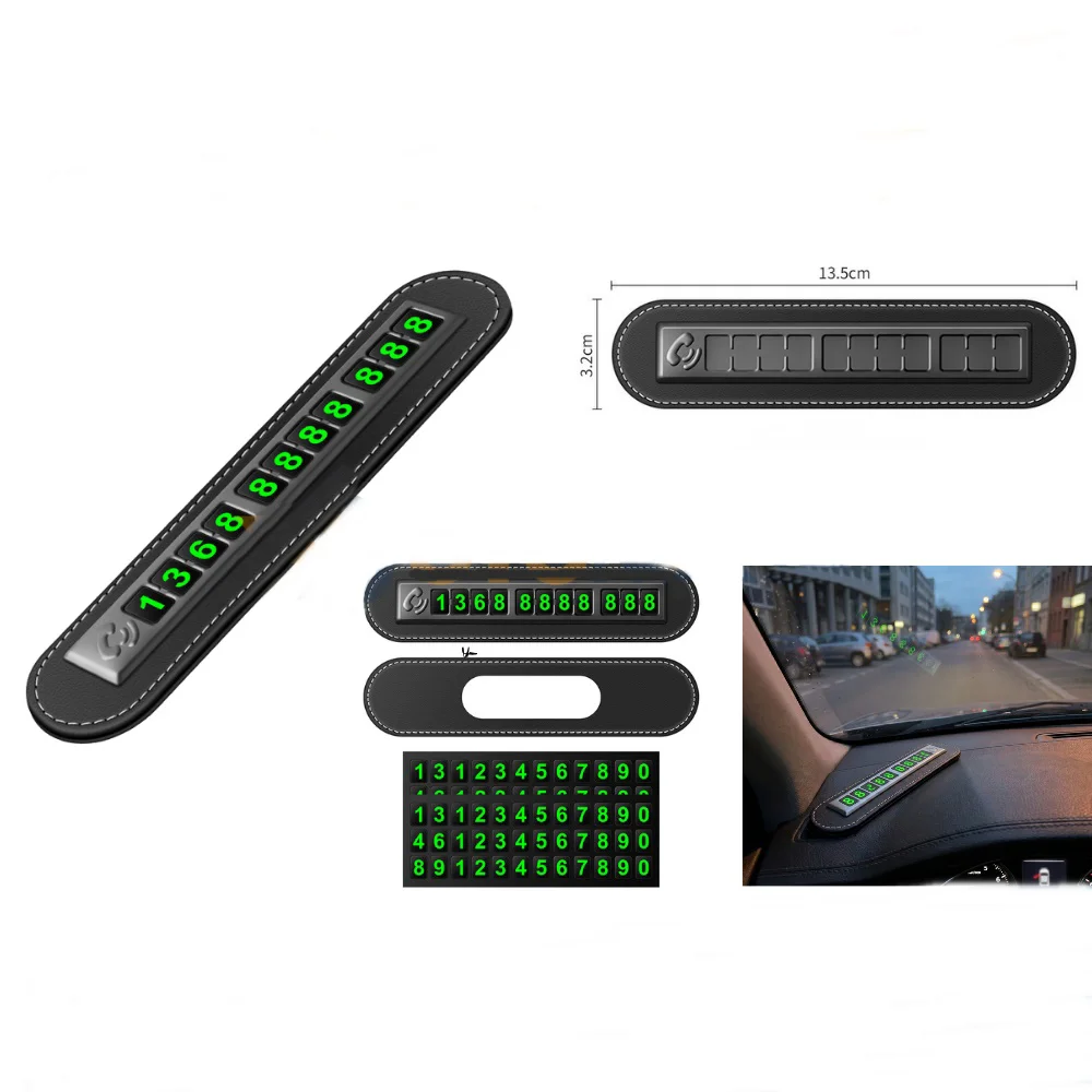 Lüks Deri Araç İçi Telefon Numaratörü - Fosforlu Yeşil Park Numarası (13.5x3.2 cm)