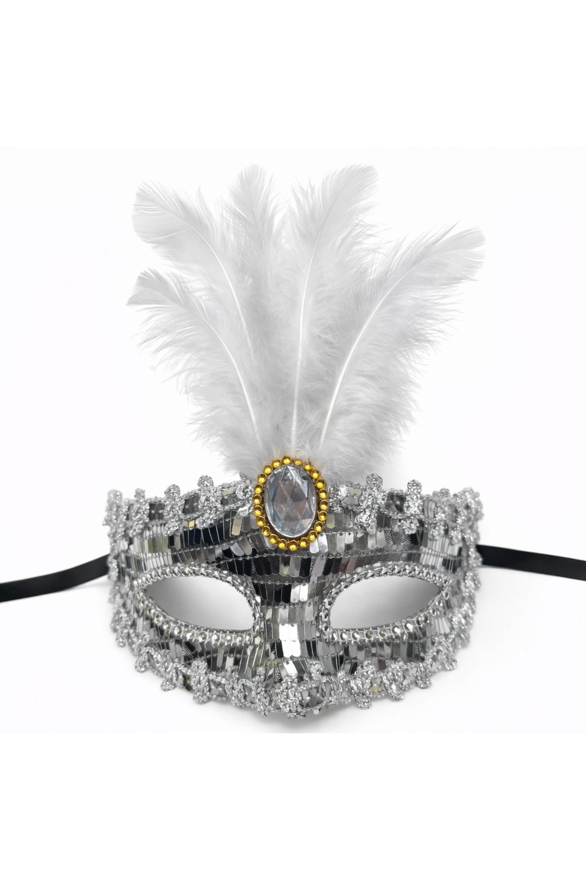 Lüks Gümüş Tüylü Taşlı B Maskesi