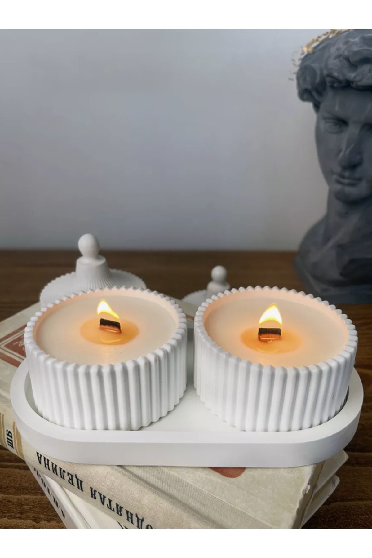 Lüks Kapaklı Beton Mum Seti – Dekoratif Ahşap Fitilli El Yapımı M