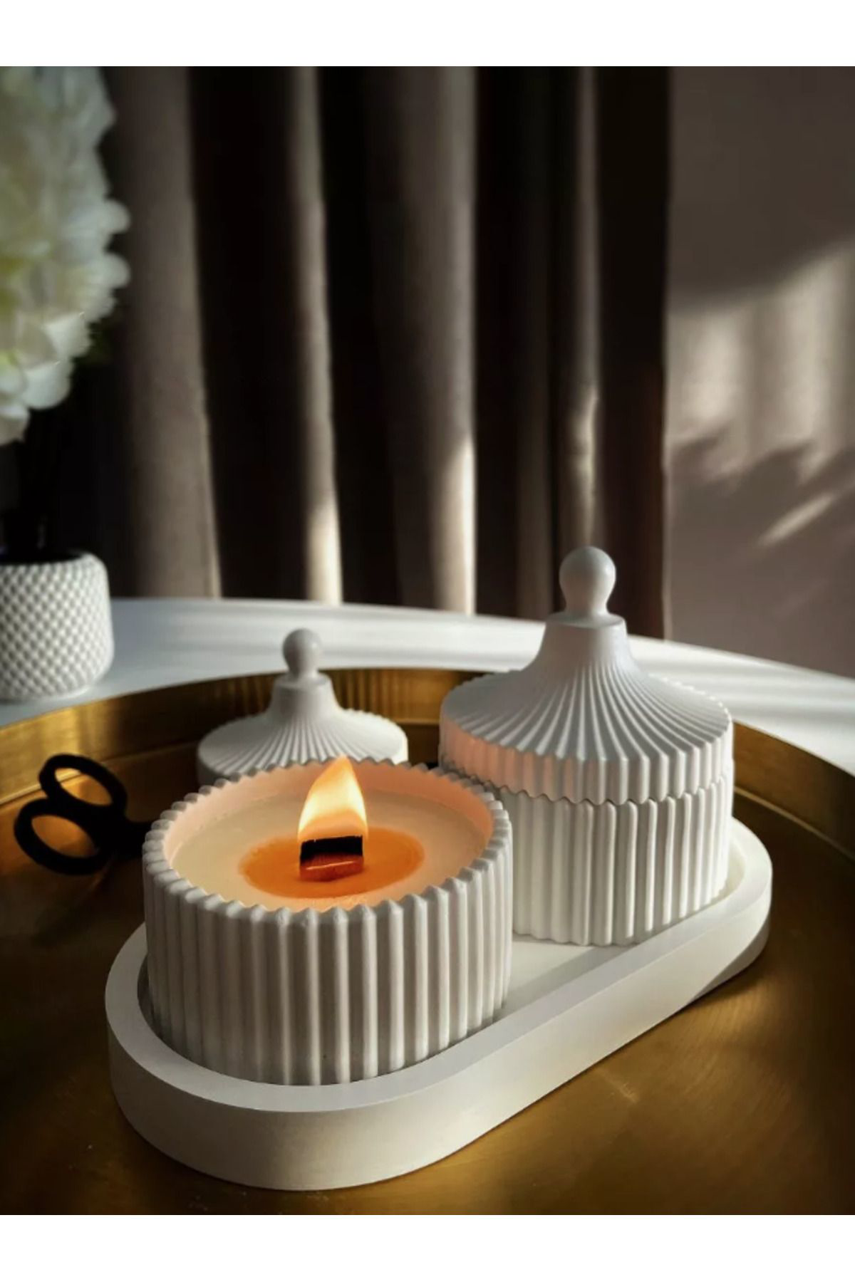 Lüks Kapaklı Beton Mum Seti – Dekoratif Ahşap Fitilli El Yapımı M