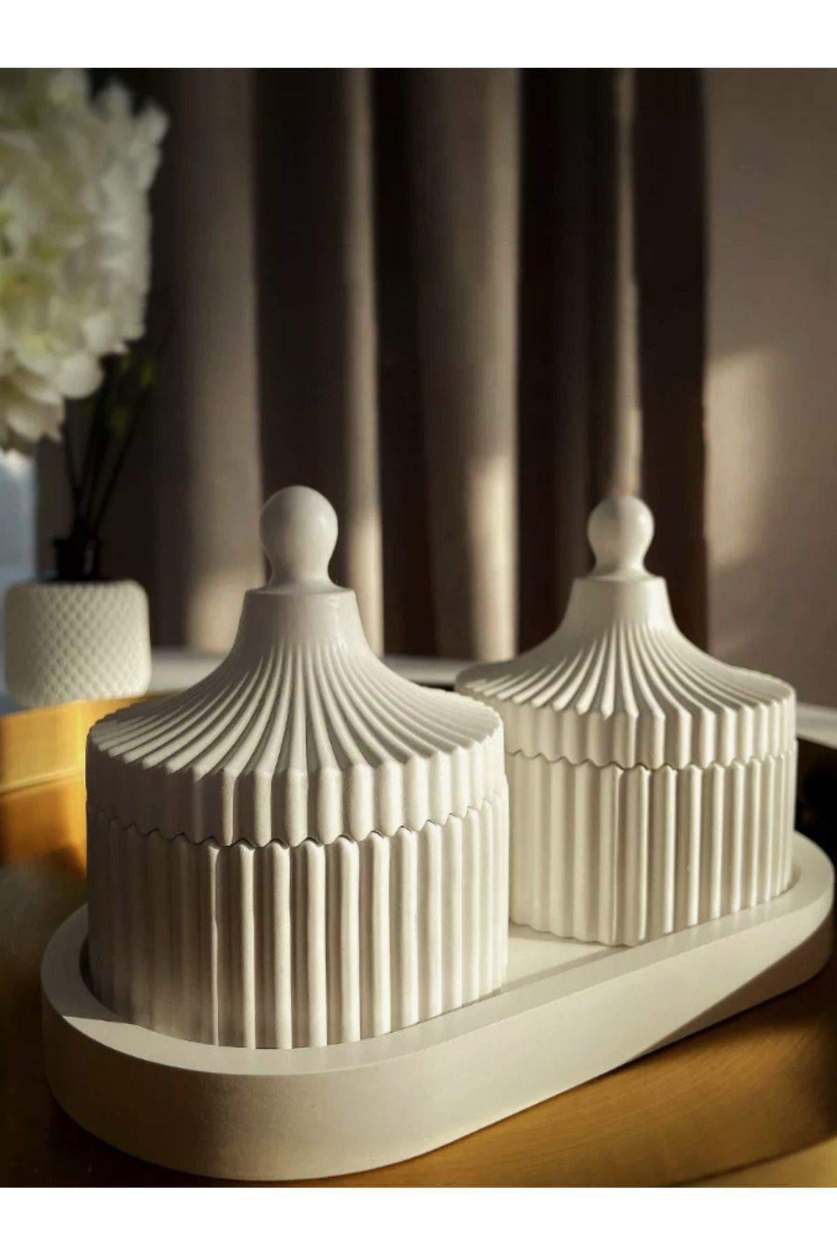 Lüks Kapaklı Beton Mum Seti – Dekoratif Ahşap Fitilli El Yapımı M